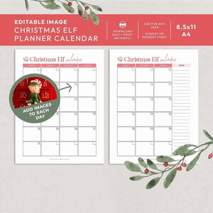 Puede incluir: Calendario planificador imprimible de Elfo de Navidad con un diseño rojo y blanco. El calendario incluye un espacio para agregar imágenes a cada día. El texto del calendario dice "Christmas Elf Calendar". Formato A4.