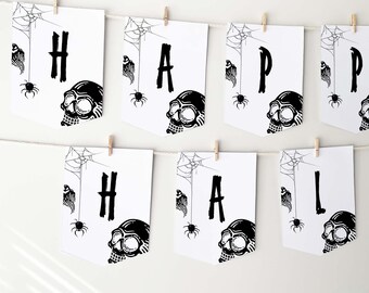 Faixa de Feliz Dia das Bruxas para impressão | Bandeira com faixa vintage assustadora, caveira e aranha, decoração para fotos de aniversário, DOWNLOAD INSTANTÂNEO H06