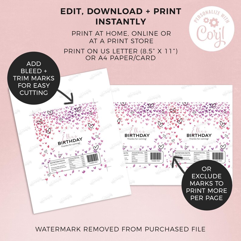 Confetti Hearts Candy Bar Wrapper, editable printable | Girl's Birthday or Valentine's Day chocolate wrap favor DIY INSTANT DOWNLOAD H05 image 2