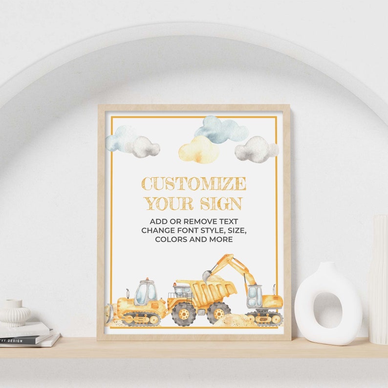 Editable Construction Birthday Party Welcome Sign Custom printable table decor, dozer, digger, dump truck food poster instant download C03 image 1