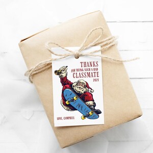 Christmas Gift Tag, Skateboarding Cool Santa editable printable | Friend, classmate or student custom thank you tag favor, DIY template C05 image 1