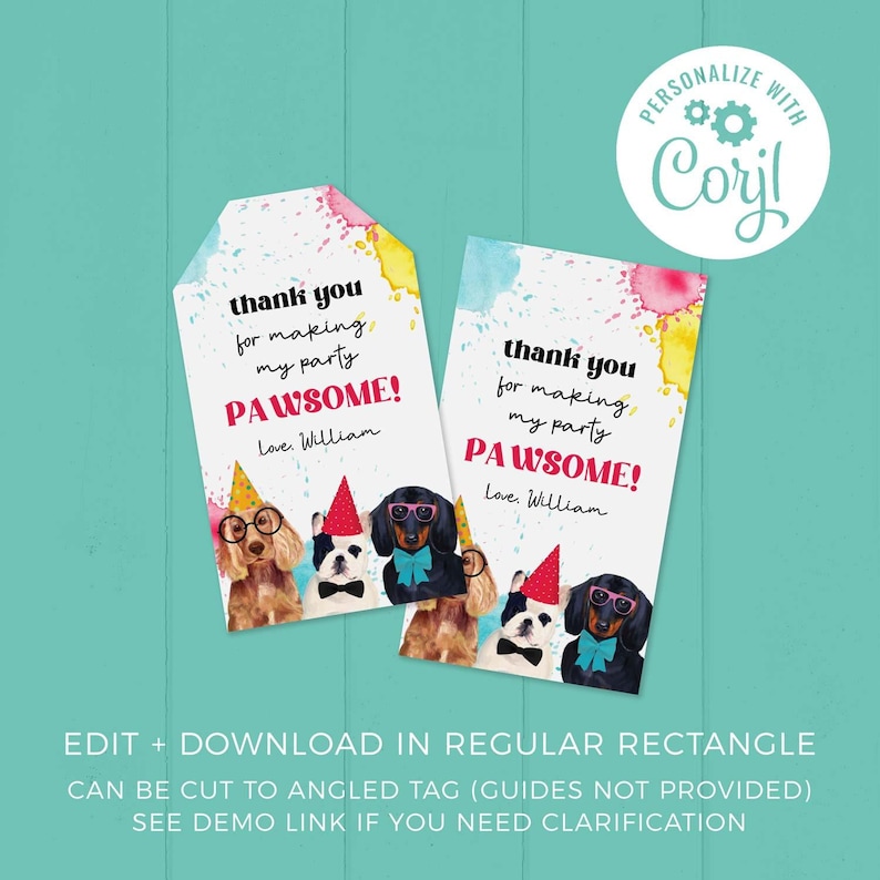 Dog Party Favor Tag, Dachshund puppy pawty printable gift tag | Editable Birthday thank you card, DIY party template, instant download D02 image 3