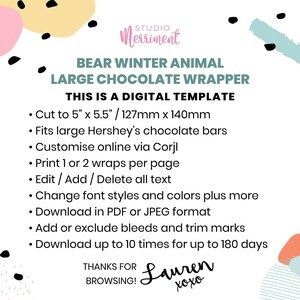Christmas Chocolate Wrapper Bear cute animal instant download candy favor | Friend classmate custom thank you gift editable printable W01 image 4