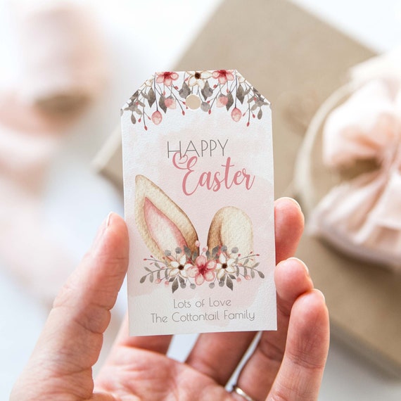 Happy Easter gift tag template, watercolor flower bunny ears | Editable spring favor printable, DIY thank you card instant download E02 Il_570xn