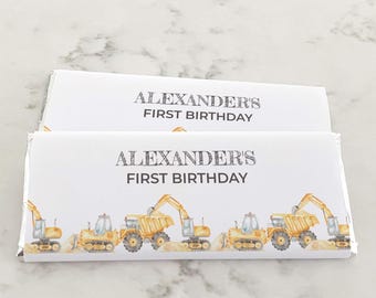 Construction Chocolate Wrapper editable printable | Birthday favor candy wrapper instant download | Watercolor dump truck + digger party C03