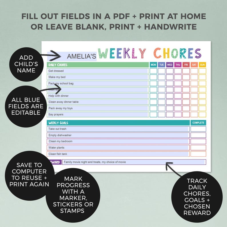 Rainbow Chore Chart for Kids, Editable Printable | Weekly Daily ...