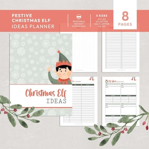 May include: A festive Christmas Elf Ideas Planner with a cartoon elf illustration. The planner includes 8 pages and is available in 5 sizes, including US Letter 7x9.25 inches. The cover features snowflakes and the text "Christmas Elf Ideas."