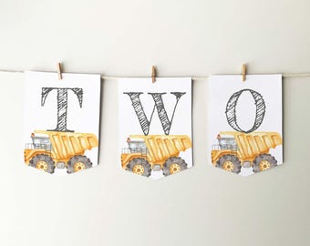 Two Dump Truck Construction Banner, printable high chair bunting | 2nd Birthday sign, baby boy photo prop party decor INSTANT DOWNLOAD C03