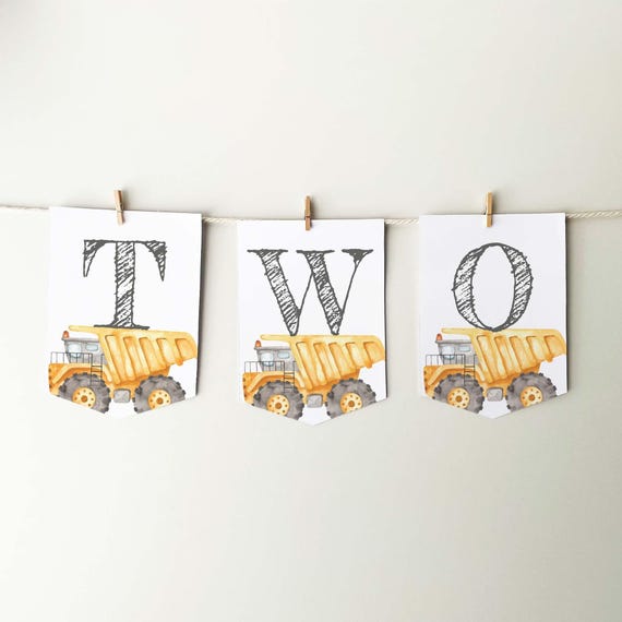 Two Dump Truck Construction Banner, printable high chair bunting | 2nd Birthday sign, baby boy photo prop party decor INSTANT DOWNLOAD C03