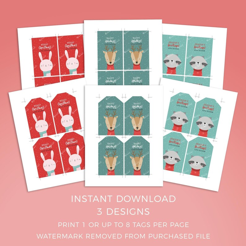 Christmas Gift Tag Printable Bundle editable instant download, cute deer bunny raccoon | Custom DIY template favor school friend teacher W01 image 3