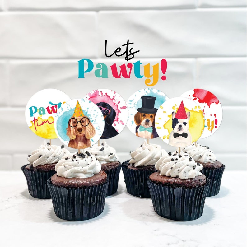 Dog Party Cupcake Toppers, puppy printable cake decor Let's Pawty Birthday boys or girls Animal cookie favor tag, instant download D02 image 1