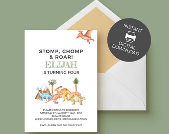 May include: A white invitation card with watercolor illustrations of dinosaurs, mountains, and palm trees. The text reads "STOMP, CHOMP & ROAR! ELIJAH IS TURNING FOUR." Includes a digital download icon and an envelope.