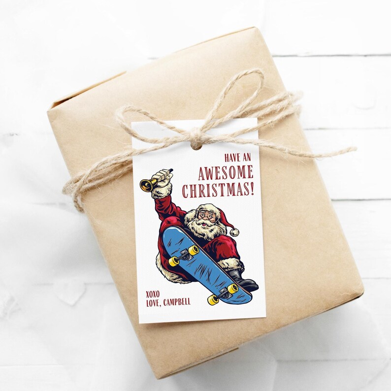 Etichetta regalo di Natale, Skateboard Cool Santa modificabile e stampabile / Etichetta di ringraziamento personalizzata per amici adolescenti, modello fai-da-te scaricabile istantaneamente C05 immagine 1