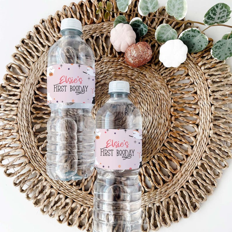 Halloween Water Bottle Label, editable printable | Girls Halloween Birthday decor, pink ghost party favor drink wrapper INSTANT DOWNLOAD H04 image 2