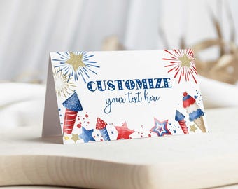 Editable 4th of July Firecracker printable food tents | Independence Day patriotic table sign place card template, DIY instant download A01