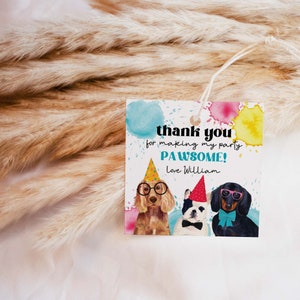 Editable Dog Party Favor Tag, Dachshund puppy pawty printable gift tag Round Birthday thank you card, DIY template, instant download D02 image 2