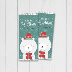 Christmas Chocolate Wrapper Bear cute animal instant download candy favor | Friend classmate custom thank you gift editable printable W01 image 1