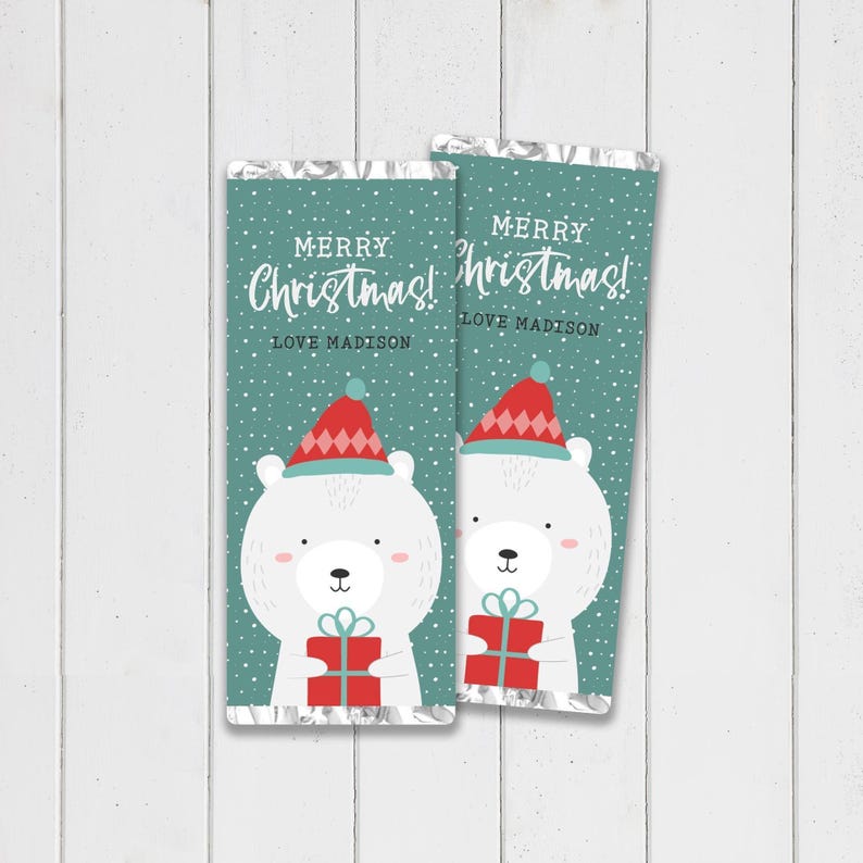 Christmas Chocolate Wrapper Bear cute animal instant download candy favor | Friend classmate custom thank you gift editable printable W01 image 1