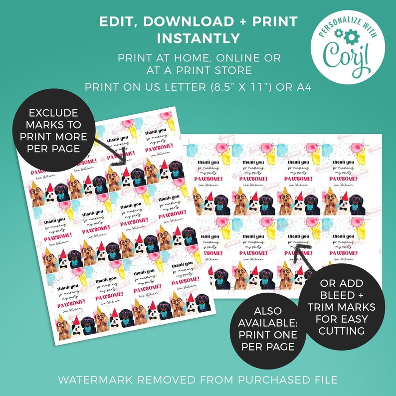 Dog Party Favor Tag, Dachshund puppy pawty printable gift tag | Editable Birthday thank you card, DIY party template, instant download D02 image 4