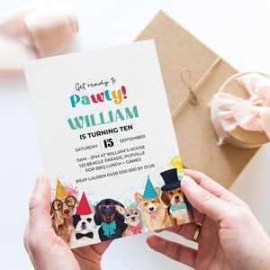 Hunde-Party-Einladung, Welpe Pawty einladen | Geburtstag bearbeitbare druckbare Jungen oder Mädchen | Wasserfarben Tier DIY Template, Sofortdownload D02 Bild 2