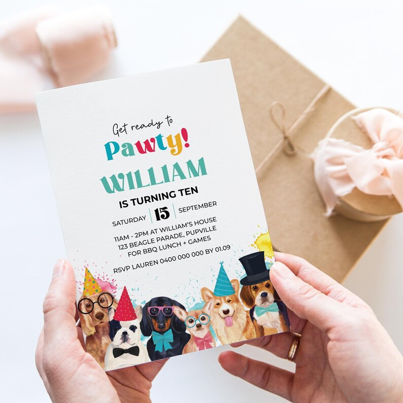Hunde-Party-Einladung, Welpe Pawty einladen | Geburtstag bearbeitbare druckbare Jungen oder Mädchen | Wasserfarben Tier DIY Template, Sofortdownload D02 Bild 2