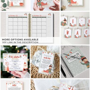 Puede incluir: Un conjunto de certificados de adopci&oacute;n de elfos navide&ntilde;os, cartas y p&aacute;ginas de planificador imprimibles. Los dise&ntilde;os presentan un elfo de dibujos animados con ropa roja y blanca, un gorro rojo y un trineo rojo. El texto en las p&aacute;ginas incluye "Certificado de adopci&oacute;n de elfos", "Entrega especial desde el Polo Norte", "Planificador de elfos navide&ntilde;os", "Polvo m&aacute;gico de recuperaci&oacute;n de elfos", "Adi&oacute;s", "&iexcl;He vuelto!" y "Recuperaci&oacute;n del elfo".
