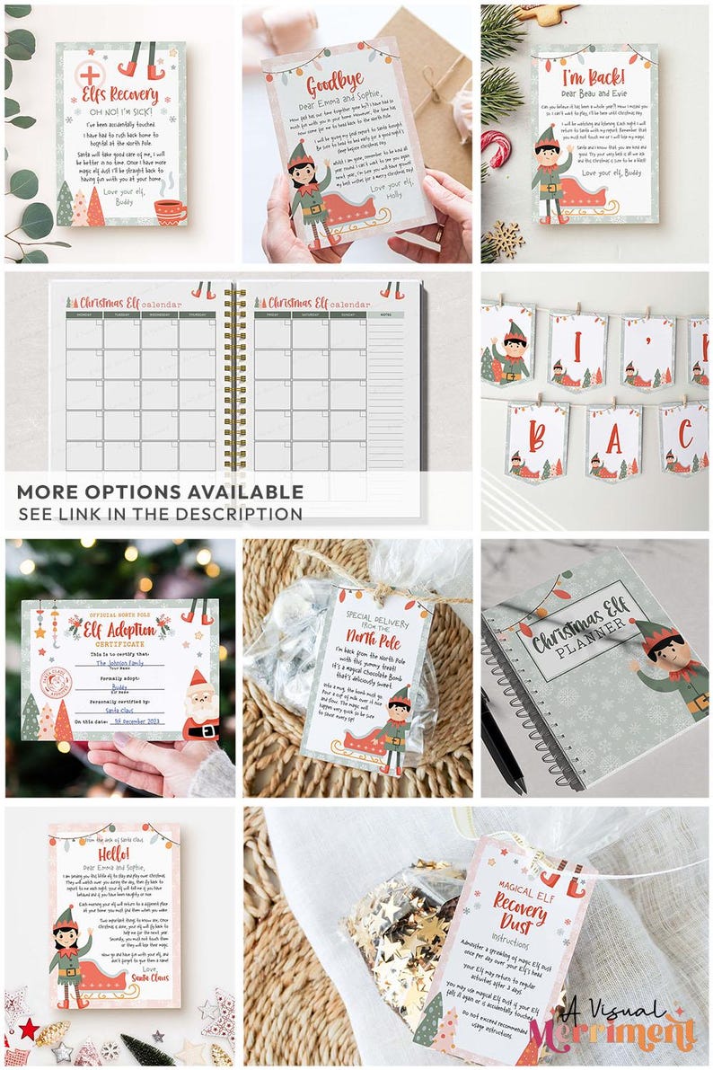 Puede incluir: Un conjunto de certificados de adopci&oacute;n de elfos navide&ntilde;os, cartas y p&aacute;ginas de planificador imprimibles. Los dise&ntilde;os presentan un elfo de dibujos animados con ropa roja y blanca, un gorro rojo y un trineo rojo. El texto en las p&aacute;ginas incluye "Certificado de adopci&oacute;n de elfos", "Entrega especial desde el Polo Norte", "Planificador de elfos navide&ntilde;os", "Polvo m&aacute;gico de recuperaci&oacute;n de elfos", "Adi&oacute;s", "&iexcl;He vuelto!" y "Recuperaci&oacute;n del elfo".