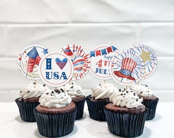 4th of July Cupcake Toppers, printable cake decor | Independence Day patriotic favor cookie tag, USA party decorations INSTANT DOWNLOAD A01