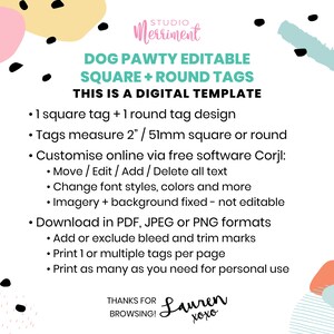 Editable Dog Party Favor Tag, Dachshund puppy pawty printable gift tag Round Birthday thank you card, DIY template, instant download D02 image 5