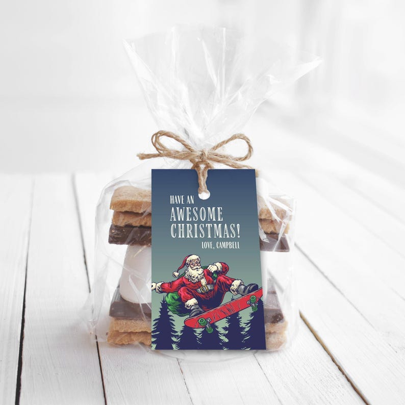 Christmas Gift Tag, Skateboarding Cool Santa editable printable | Teen friend custom thank you tag favor, instant download DIY template C05 image 1