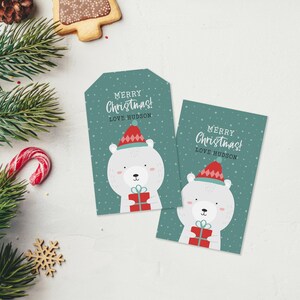 Christmas Gift Tag Printable Bear, editable instant download | Cute animal favor school friend classmate teacher | Custom DIY template W01 image 1