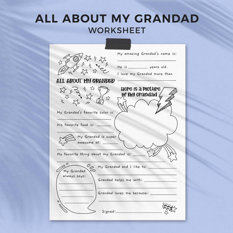 All About Grandad Father's Day printable gift questionnaire Fill in the blank grandfather kids classroom activity, INSTANT DOWNLOAD F01 image 1