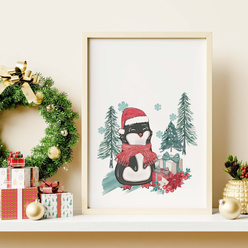 May include: A Christmas-themed illustration of a penguin wearing a Santa hat and a red scarf, standing in front of a snowy forest with presents and a poinsettia.
