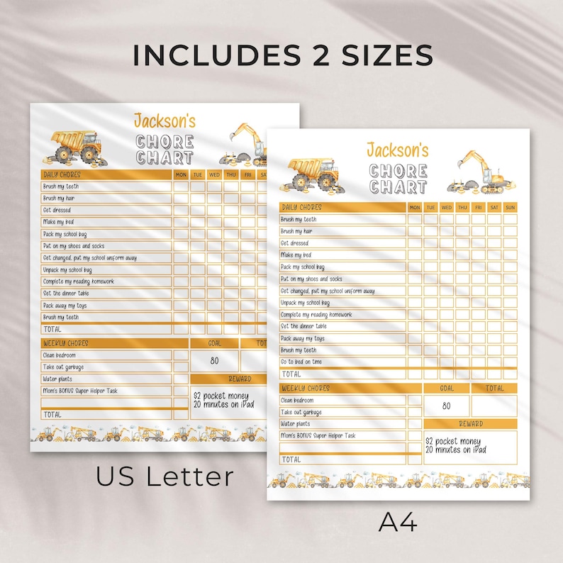 Construction Editable Chart Bundle for Kids, Daily Schedule + Chore ...