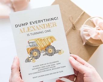 Dump Truck Einladung Jungen Baustelle Geburtstagsparty Thema | Jedes Alter bearbeitbar druckbarer sofortiger Download, DIY Dumper laden Vorlage C03 ein