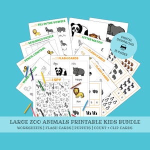 Kids Zoo Animals GROTE BUNDEL 15 pg: kaarten, poppen, tellen, ispy, reekspuzzel, potloodcontrole, woord + letter match, klinkers Z01