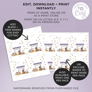 May include: Printable Halloween favor tags featuring a black cat, a ghost, and a pumpkin with the text "Customize your text here". The tags are designed to be printed on 8.5 x 11 inch paper or A4 paper.