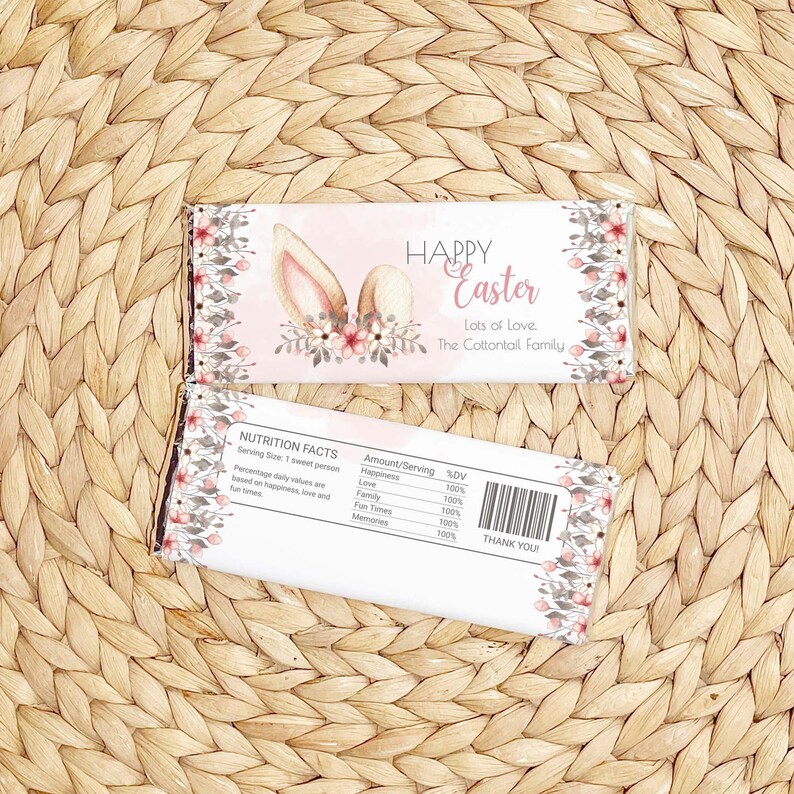 Editable Easter Candy Bar Wrapper, printable chocolate wrap | DIY pink boho flower bunny ears favor label | Instant download template E02 image 3