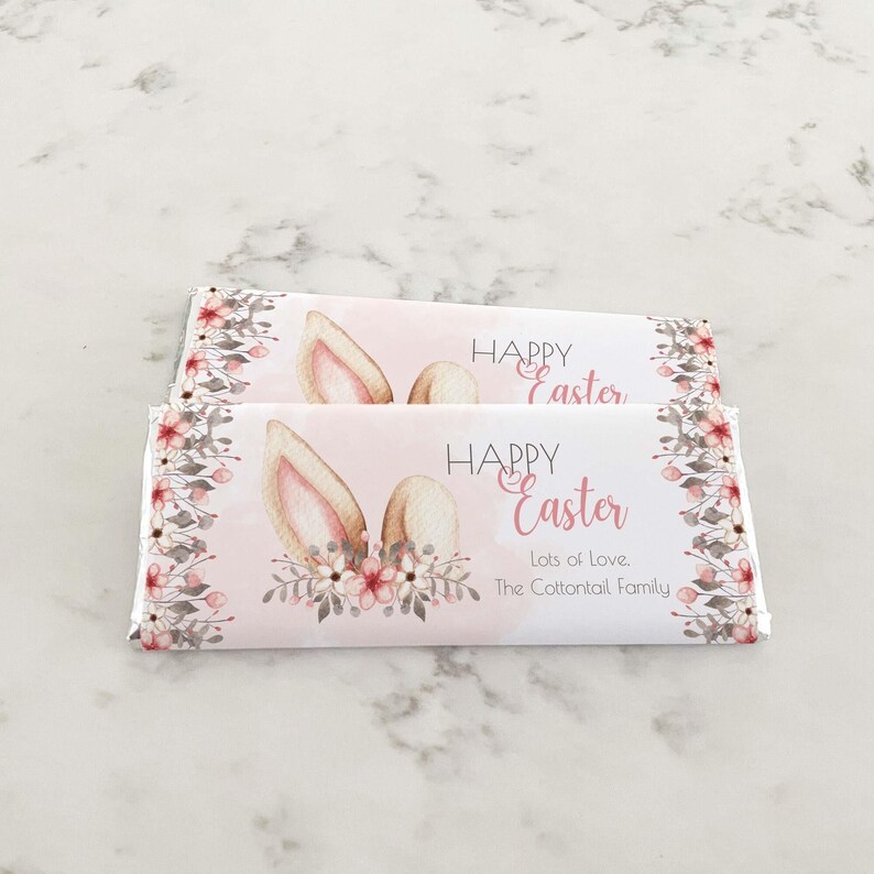 Editable Easter Candy Bar Wrapper, printable chocolate wrap | DIY pink boho flower bunny ears favor label | Instant download template E02 image 2