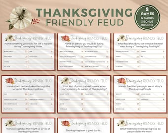 Könnte beinhalten: Ein Thanksgiving Friendly Feud Spielset mit 12 Karten und 3 Bonusrunden. Jede Karte zeigt eine Umfragefrage mit Punktwerten für verschiedene Antworten, verziert mit Kürbisillustrationen und Textüberschriften auf hellem Hintergrund.