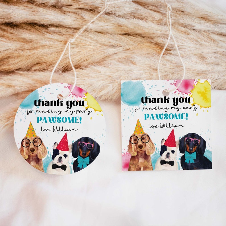 Editable Dog Party Favor Tag, Dachshund puppy pawty printable gift tag Round Birthday thank you card, DIY template, instant download D02 image 1