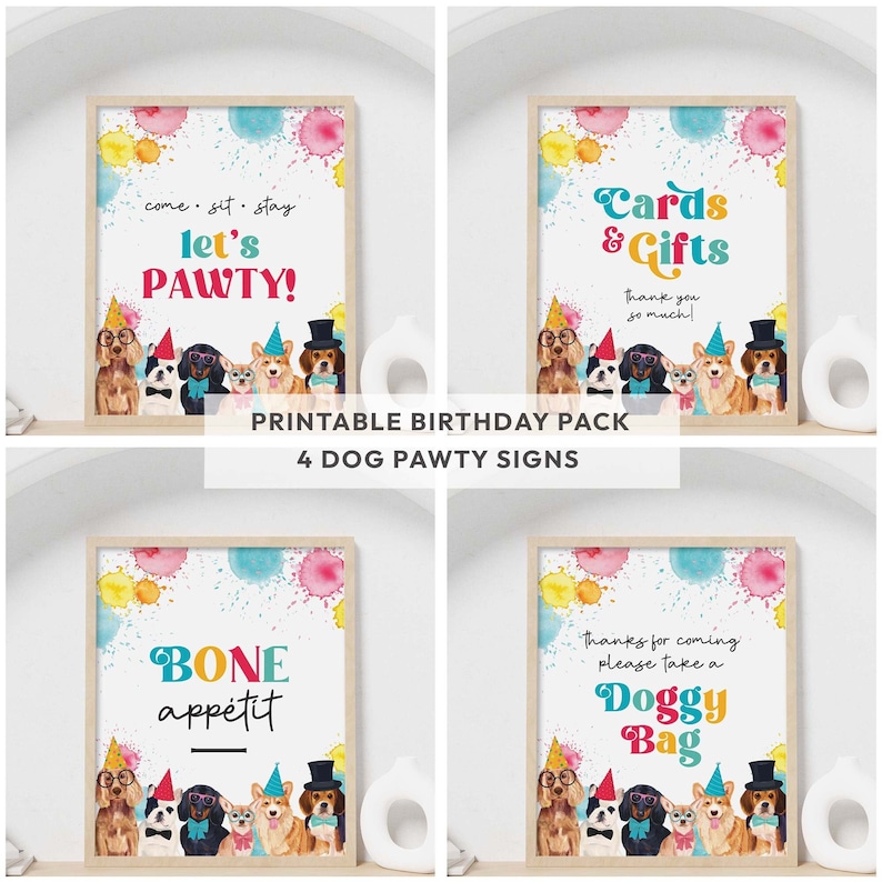 Puppy Pawty printable party sign bundle Girl or Boy Birthday dog table decor 4 watercolor designs favors food gifts INSTANT DOWNLOAD D02 image 1