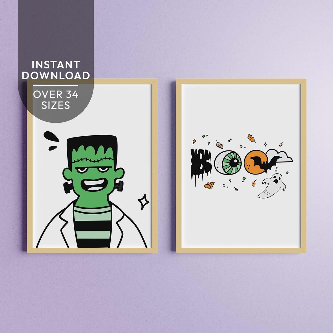 Halloween Wall Art Printable, Cute Frankenstein + Boo Saying ...