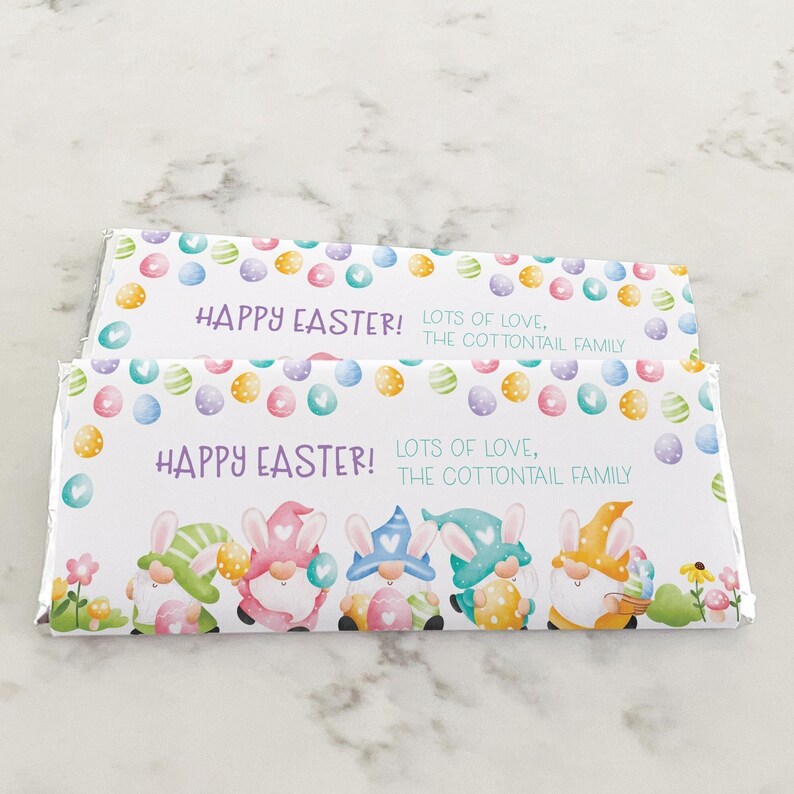 Editable Easter Candy Bar Wrapper, spring gnome printable chocolate wrap | DIY Happy Easter favor label template, instant download E04 image 2
