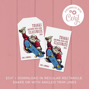 Christmas Gift Tag, Skateboarding Cool Santa editable printable | Friend, classmate or student custom thank you tag favor, DIY template C05 image 2