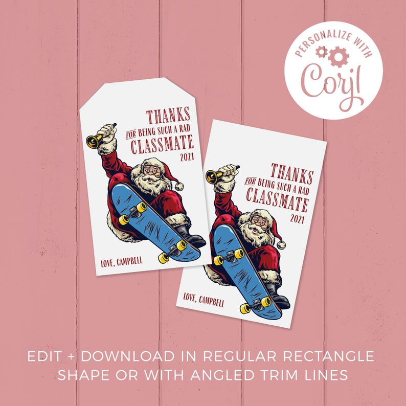 Christmas Gift Tag, Skateboarding Cool Santa editable printable | Friend, classmate or student custom thank you tag favor, DIY template C05 image 2