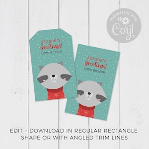Christmas Gift Tag Printable Raccoon editable instant download | Cute animal favor school friend classmate teacher | Custom DIY template W01 image 2