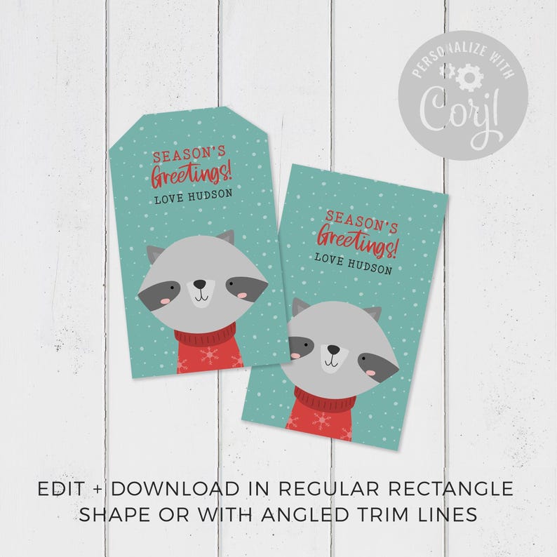 Christmas Gift Tag Printable Raccoon editable instant download | Cute animal favor school friend classmate teacher | Custom DIY template W01 image 2