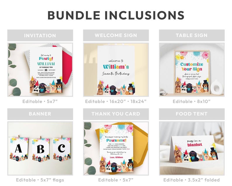 Dog Party, Puppy Pawty Birthday Editable Bundle | Printable boys or girls colorful paint theme, DIY template kit, instant download D02 image 2