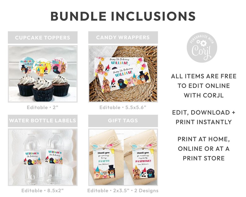 Dog Party, Puppy Pawty Birthday Editable Bundle | Printable boys or girls colorful paint theme, DIY template kit, instant download D02 image 3